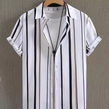 Мужская летняя повседневная рубашка - полосатая с коротким рукавом на пуговицах в черную и белую горизонтальную полоску S