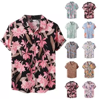 Мужская летняя повседневная рубашка с цветочным принтом в гавайском стиле с коротким рукавом для пляжного отдыха XL