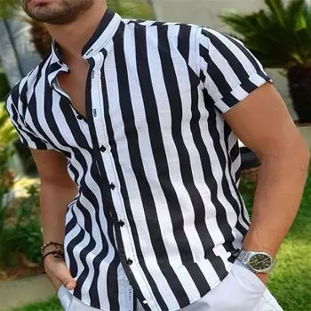 Мужская летняя повседневная рубашка в полоску с короткими рукавами, воротником-стойкой, полиэфирным волокном, 3D-печатным узором для универсальной одежды для активного отдыха S чёрный