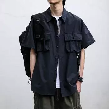 Мужская летняя рабочая рубашка в японском стиле с короткими рукавами и большим карманом 4XL хаки