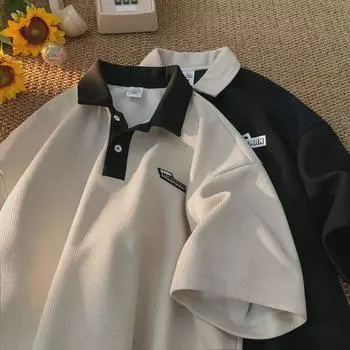 Мужская летняя ретро-футболка-поло с вафельной отделкой - короткий рукав, свободные лацканы XXXL бежевый