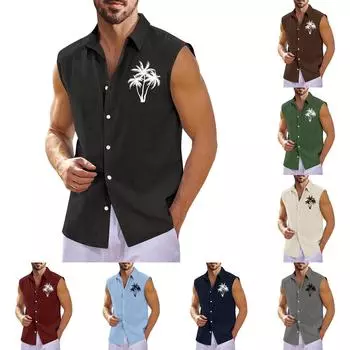 Мужская летняя рубашка без рукавов с гавайским принтом Мужская свободная рубашка без рукавов с лацканами и пуговицами L чёрный