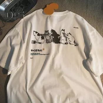 Мужская летняя рубашка, футболка большого размера с милым котом, повседневная футболка с круглым вырезом и коротким рукавом, мужской топ для спортивных путешествий, пляжных офисных вечеринок XL белый