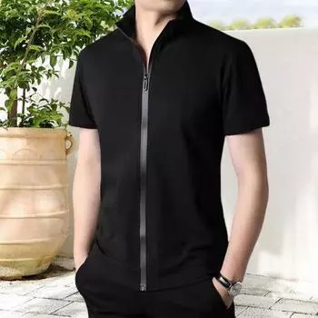 Мужская летняя рубашка Кардиган с застежкой-молнией и воротником-стойкой Сплошной цвет Slim Fit Эластичный Хорошая воздухопроницаемость Повседневная повседневная одежда Спорт Теннис Гольф Офис L чёрный