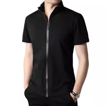 Мужская летняя рубашка, кардиган, застежка-молния, воротник-стойка, однотонный, приталенный, эластичный, хорошая воздухопроницаемость, повседневный, на каждый день M чёрный