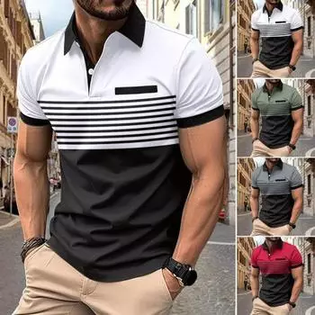 Мужская летняя рубашка контрастного цвета в полоску с короткими рукавами, застежкой-молнией, отложным воротником, в деловом стиле, для поездок на работу, повседневный дышащий пуловер M серый