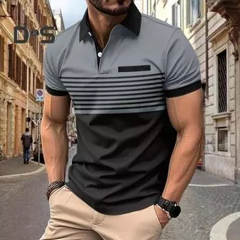 Мужская летняя рубашка контрастного цвета в полоску с короткими рукавами на молнии с отложным воротником Деловой стиль для поездок на работу Повседневный дышащий пуловер Мужской топ средней длины M серый