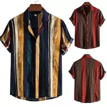 Мужская летняя рубашка, однобортный кардиган с полосатым принтом, средней длины, свободные брюки с пуговицами, винтажный контрастный цвет, летняя верхняя мужская одежда XL жёлтый