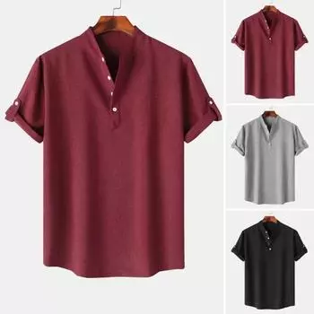 Мужская летняя рубашка, однотонная, с короткими рукавами, полуоткрытый воротник-стойка, мягкая дышащая, с запонками, средней длины, облегающая повседневная повседневная деловая рубашка XL светло-серый