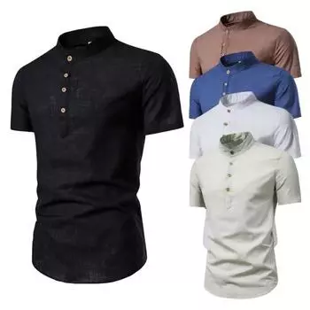 Мужская летняя рубашка однотонного цвета, облегающий крой, воротник-стойка, короткие рукава, мягкий дышащий легкий свитер на пуговицах, формальный L чёрный