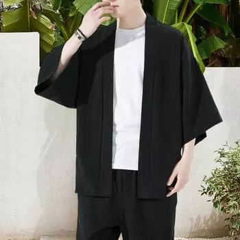 Мужская летняя рубашка, однотонный кардиган с открытой строчкой, китайский стиль, большие размеры, рукава три четверти, мягкий дышащий, быстросохнущий повседневный мужской солнцезащитный топ XXL чёрный