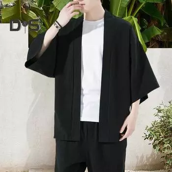 Мужская летняя рубашка, однотонный кардиган с открытой строчкой, китайский стиль, большие размеры, рукава три четверти, мягкий дышащий, быстросохнущий повседневный мужской солнцезащитный топ 3XL чёрный