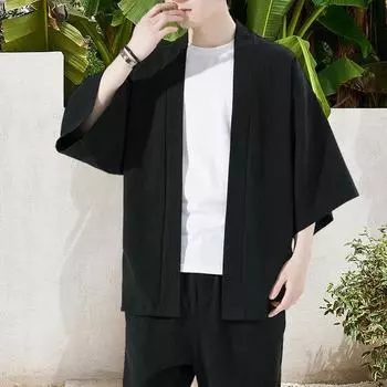 Мужская летняя рубашка, однотонный кардиган с открытой строчкой в китайском стиле, большие размеры, рукава три четверти, мягкие, дышащие, быстросохнущие, Cas L чёрный