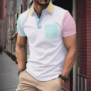 Мужская летняя рубашка-поло с контрастными карманами 2024 года — модный стиль с короткими рукавами S небесно-голубой