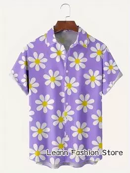 Мужская летняя рубашка с цветочным принтом с коротким рукавом в гавайском стиле для отдыха, мужская пляжная модная рубашка на пуговицах для отдыха S