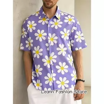 Мужская летняя рубашка с цветочным принтом с коротким рукавом в гавайском стиле для отдыха, мужская пляжная модная рубашка на пуговицах для отдыха S