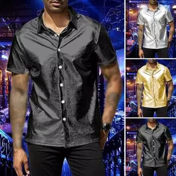 Мужская летняя рубашка с глянцевой поверхностью, отложным воротником, однобортный кардиган, свободная рубашка для вечеринок, повседневная одежда средней длины, топ S чёрный