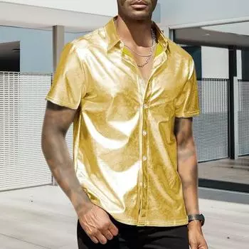 Мужская летняя рубашка с глянцевой поверхностью, отложным воротником, однобортный кардиган, свободная рубашка для вечеринок, повседневная одежда средней длины, топ S чёрный