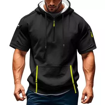 Мужская летняя рубашка с карманом на молнии, коротким рукавом, с капюшоном, мужская спортивная повседневная толстовка большого размера L чёрный