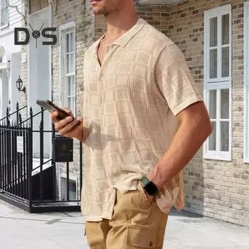 Мужская летняя рубашка с короткими рукавами и лацканами, сплошной цвет, геометрический полый дышащий топ, повседневная одежда для работы, отдыха, уличная одежда XL