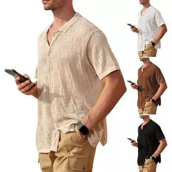 Мужская летняя рубашка с короткими рукавами и лацканами, сплошной цвет, геометрический полый дышащий топ, повседневная одежда для работы, отдыха, уличная одежда XL