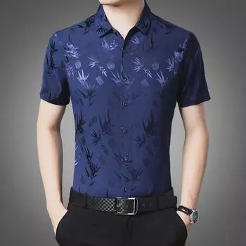 Мужская летняя рубашка с короткими рукавами из шелка с цветочным принтом — легкая повседневная деловая одежда 3XL синий