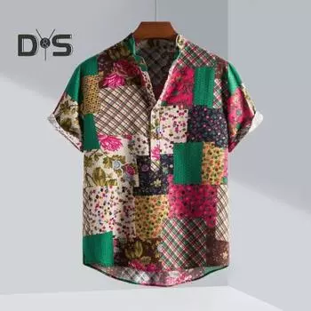 Мужская летняя рубашка с красочным принтом и отложным воротником с коротким рукавом, полуоднобортный свободный мягкий дышащий повседневный пляжный топ для отдыха M зелёный
