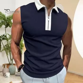 Мужская летняя рубашка с отложным воротником на молнии без рукавов, сплошной цвет, накладной карман, дышащий пуловер, облегающий повседневный пуловер средней длины S