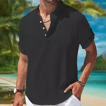 Мужская летняя рубашка с полуоткрытым воротником-стойкой и короткими рукавами, однотонная, свободная, простой стиль, пуловер средней длины, офисная повседневная одежда, топ 2XL серый