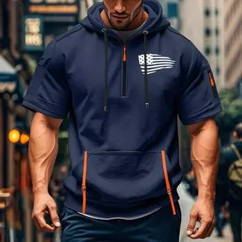 Мужская летняя рубашка с принтом, карманом на молнии, коротким рукавом, капюшоном, мужская спортивная повседневная толстовка большого размера M тёмно-синий