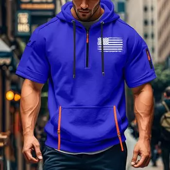 Мужская летняя рубашка с принтом, карманом на молнии, коротким рукавом, капюшоном, мужская спортивная повседневная толстовка большого размера XXXL