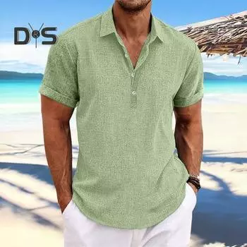 Мужская летняя рубашка с пуговицами, пуловер с отложным воротником, большие размеры, с короткими рукавами, средней длины, сплошной цвет, повседневный топ в деловом стиле 3XL небесно-голубой