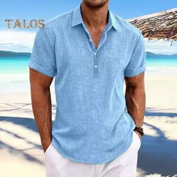 Мужская летняя рубашка с пуговицами, пуловер с отложным воротником, большие размеры, с короткими рукавами, средней длины, сплошной цвет, повседневный топ в деловом стиле 3XL небесно-голубой
