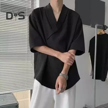 Мужская летняя рубашка с v-образным вырезом, свободная мешковатая однотонная мягкая хип-хоп рубашка с короткими рукавами, мягкий дышащий повседневный пуловер, уличная одежда, топ для стилиста L чёрный