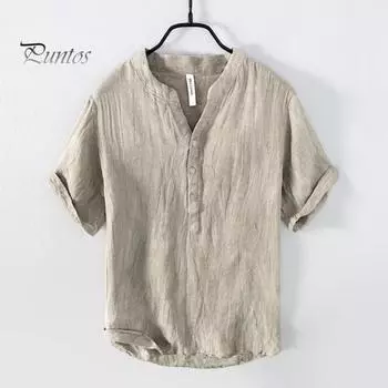 Мужская летняя рубашка с V-образным вырезом и воротником-стойкой с короткими рукавами Vinatge, сплошной цвет, свободный простой стиль, пуловер средней длины, офисная повседневная одежда, топ L хаки