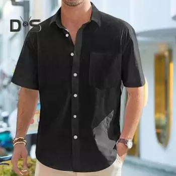 Мужская летняя рубашка с воротником с лацканами, однотонная пуговица, свободная однобортная с короткими рукавами, мягкая дышащая средней длины, повседневная, деловая, деловая, офисная M темно-синий