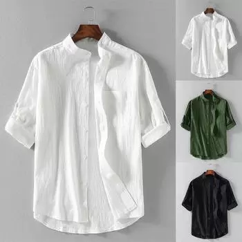 Мужская летняя рубашка с воротником-стойкой и пятью точками со средними рукавами, свободный однотонный топ из хлопка и льна XXL