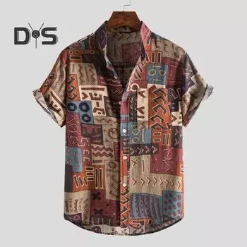 Мужская летняя рубашка с воротником-стойкой и коротким рукавом контрастного цвета в полоску, однобортный свободный мягкий дышащий повседневный топ средней длины M кофейный