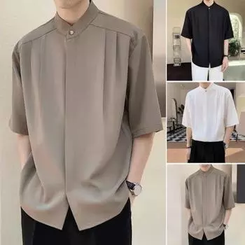 Мужская летняя рубашка с воротником-стойкой из ледяного шелка, сплошной цвет, плиссированный свободный крой, кардиган с половиной рукавов, средней длины, повседневный деловой зрелый мужской офисный топ L белый