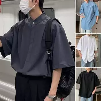 Мужская летняя рубашка с воротником-стойкой, свободная однобортная однобортная рубашка с коротким рукавом, мягкая дышащая мешковатая уличная одежда в китайском стиле в стиле хип-хоп, повседневный топ средней длины M темно-серого