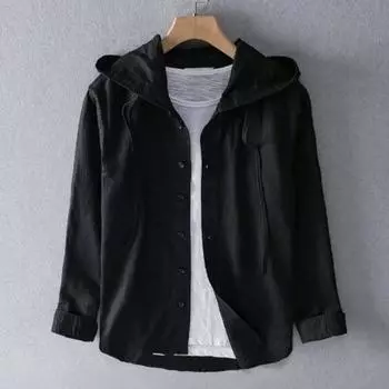 Мужская летняя рубашка с защитой от солнца, с длинным рукавом и капюшоном на шнурке, однобортный, мягкий, свободный, дышащий, кардиган, верх 3XL чёрный