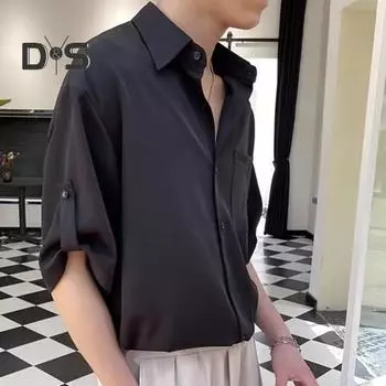 Мужская летняя рубашка, сплошной цвет, пуговицы с лацканами, половина рукава, однобортная, свободная, нагрудный карман, запонка, мягкая дышащая, быстросохнущая, повседневная мужская деловая рубашка L чёрный