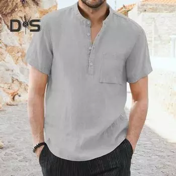 Мужская летняя рубашка, сплошной цвет, с короткими рукавами, пуговицы, воротник-стойка, нагрудный карман, деловой стиль, повседневный дышащий пуловер, мужской топ средней длины L зелёный