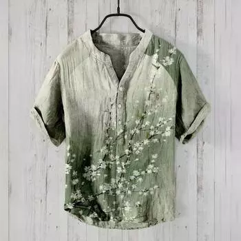 Мужская летняя рубашка в стиле ретро с V-образным вырезом и объемным принтом животных, короткие рукава, однобортный свободный свитер средней длины, повседневный топ L синий