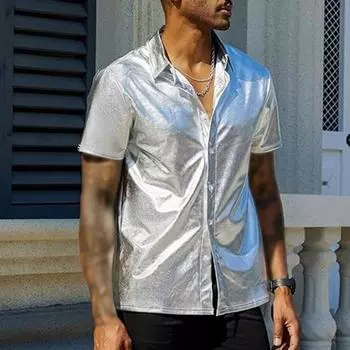 Мужская летняя рубашка Yousheng с глянцевой поверхностью, отложным воротником, однобортный кардиган, свободная рубашка для вечеринок, повседневная одежда средней длины, топ S серебряный