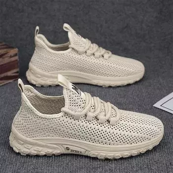 Мужская летняя сетчатая дышащая обувь 2025 года, новая износостойкая спортивная повседневная обувь из полой сетки, легкая уличная обувь 39 бежевый