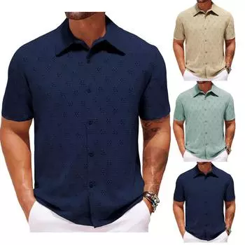 Мужская летняя сексуальная рубашка с вырезом, летняя повседневная рубашка с короткими рукавами и лацканами XL тёмно-синий