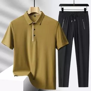 Мужская летняя шелковистая рубашка-поло с лацканами, костюм с короткими рукавами, молодежные брюки из ледяного шелка, повседневные спортивные комплекты из двух комплектов M темно-синий