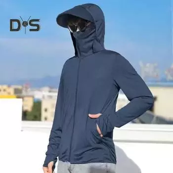 Мужская летняя солнцезащитная одежда, однотонное солнцезащитное пальто с длинными рукавами, куртка с капюшоном, верхняя одежда с карманами на молнии 2XL чёрный