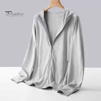 Мужская летняя солнцезащитная одежда с капюшоном и длинным рукавом на молнии, солнцезащитная куртка, однотонное пальто из ледяного шелка 2XL серый